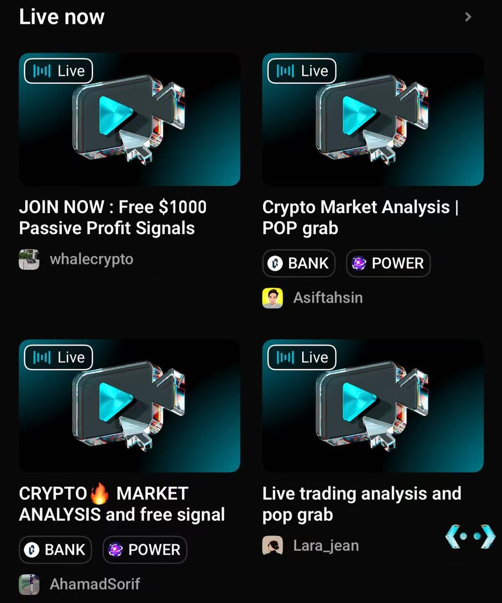 Bitget app Live tab — four live rooms on screen, two of them carrying the BANK and POWER tags during the $POWER placement window